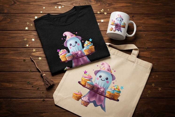 Cute Halloween Ghost with Cupcakes PNG | Kawaii Witch Clipar example image 1