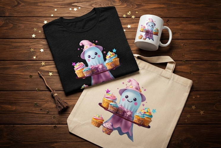 Cute Halloween Ghost with Cupcakes PNG | Kawaii Witch Clipar