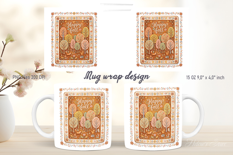 Happy fall forest pattern mug wrap design | Folk farmhouse