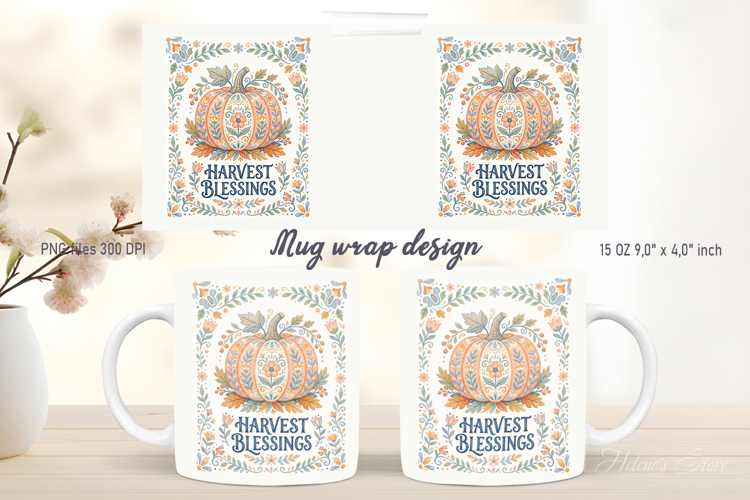 Harvest blessings pattern mug wrap design | Folk farmhouse