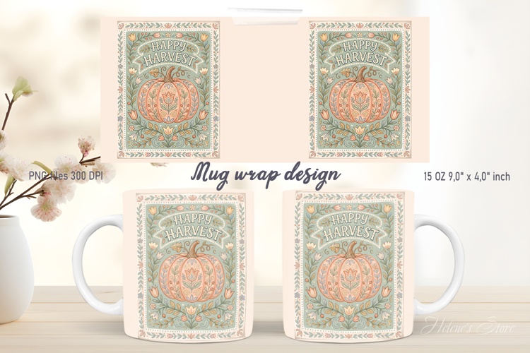 Happy Harvest Pumpkins mug wrap design | Farmhouse pattern