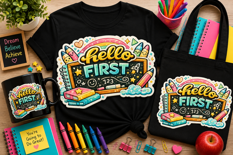 Hello First Grade PNG | Back to School Sublimation Design