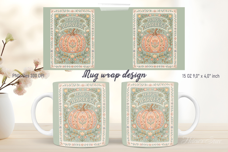 Happy Harvest Pumpkins mug wrap design | Farmhouse pattern