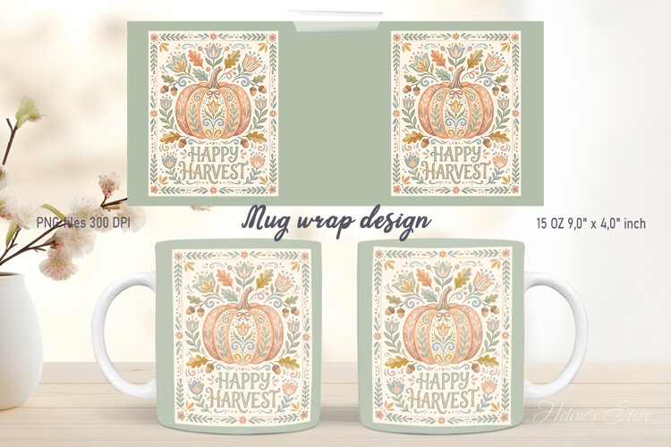 Happy Harvest Pumpkins mug wrap design | Farmhouse pattern example image 1