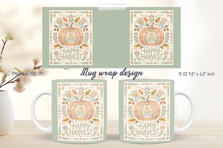 Happy Harvest Pumpkins mug wrap design | Farmhouse pattern
