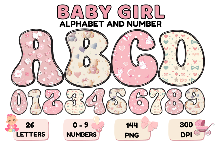 Baby Girl Alphabet PNG Cute Baby Letters & Numbers 300 DPI