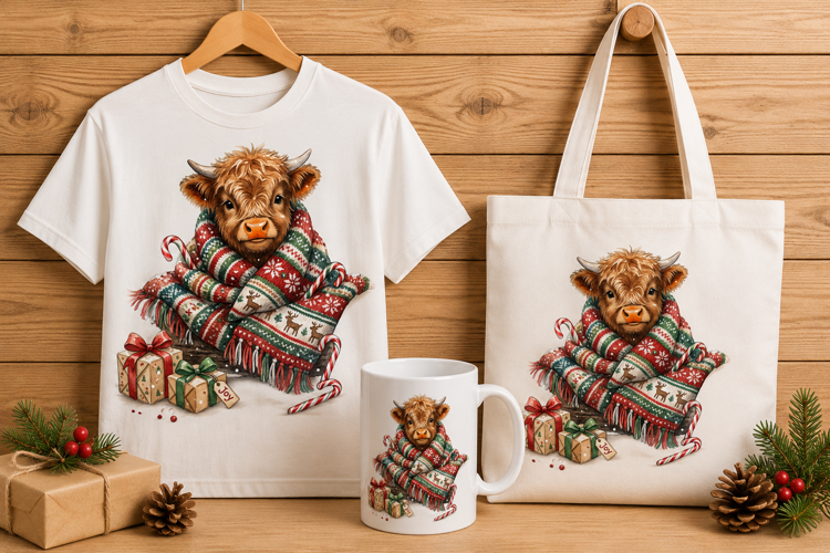 Cozy Christmas Highland Cow Wrapped in Scarf Watercolor