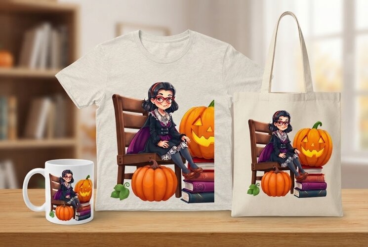Cute Halloween Witch Girl PNG | Pumpkin Book Clipart example image 1