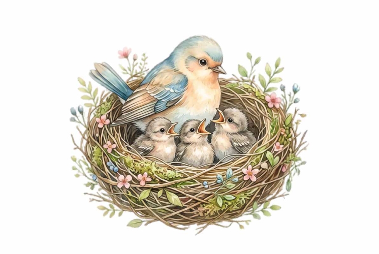 Adorable mother bird with baby birds in nest
