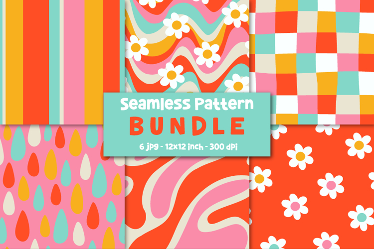 Retro Digital Papers. Groovy Background. 70s Pattern. Daisy