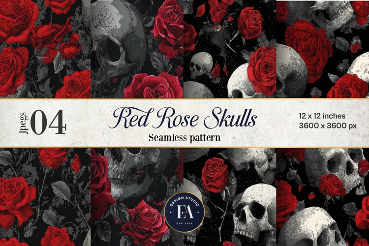 Red Rose Skull Pattern, Gothic Floral Skull Digital Paper
