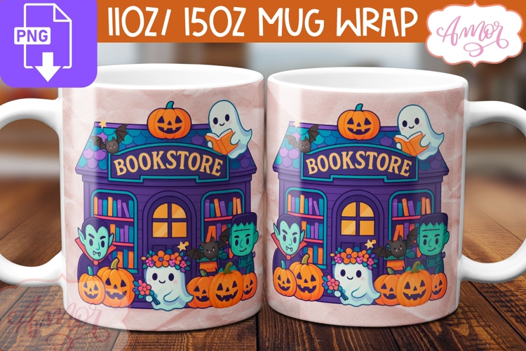 Cute Halloween mug wrap PNG, Spooky bookstore mug png