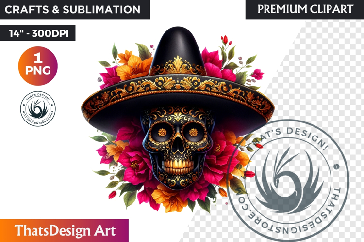 Floral Black Gold Sugar Skull Day of the Dead Clipart PNG