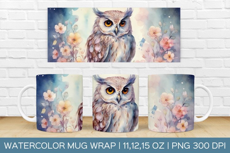 Cute Owl Mug Wrap|Flower Mug Watercolor Design