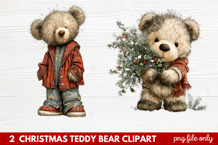 2 Christmas Teddy Bear Clipart | Cute Holiday Bear PNG Illus