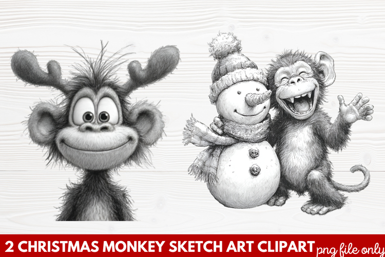 Christmas Monkey Sketch Art Clipart | Hand-Drawn Holiday