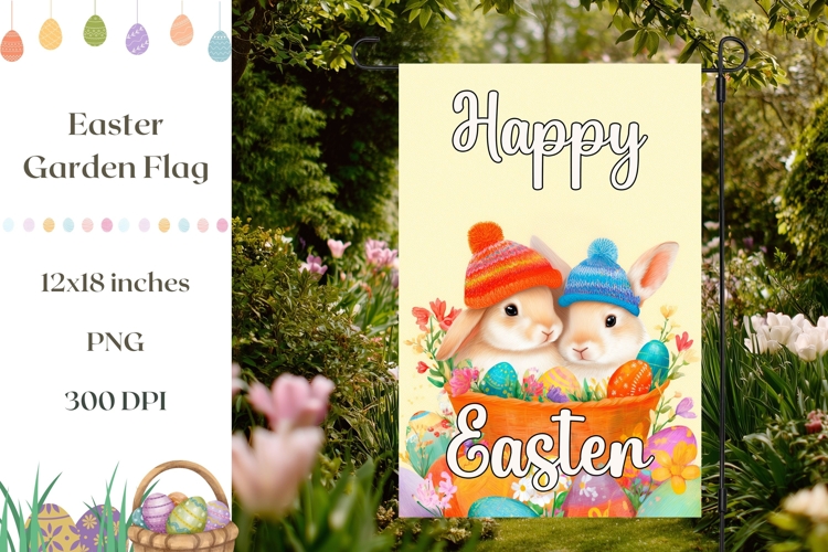 Cartoon Bunny Garden Flag Design, Easter Basket Garden Flag