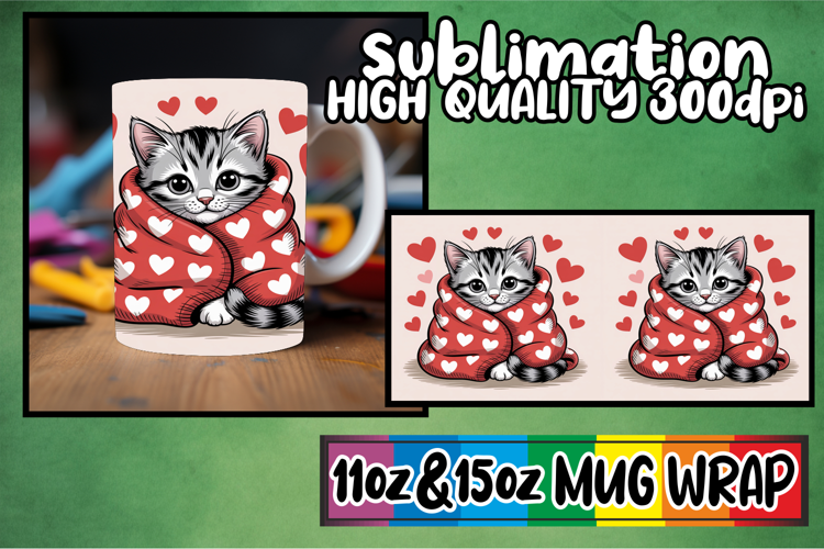 Joyful vibes sublimation mug wrap, Valentines Cat