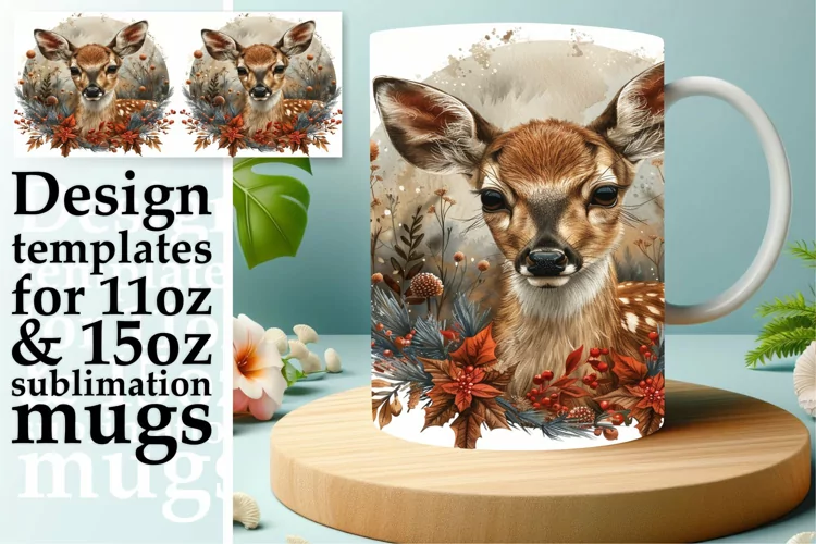Deer Mug Wrap Design Watercolor Sublimation