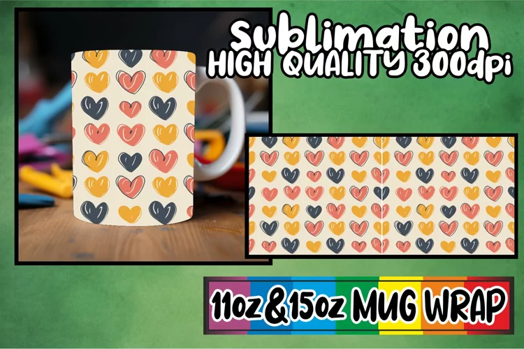 Sublimation Mug Wrap Showcasing 3D Hearts - Holiday
