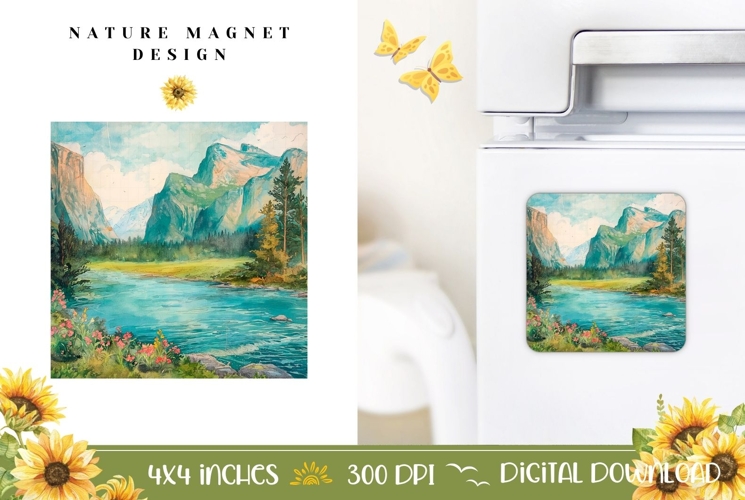 Nature Fridge Magnet Print, Mountain Lake Magnet Template