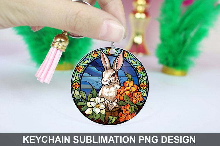 Bunny Round Keychain, Bunny Flowers Keychain Design