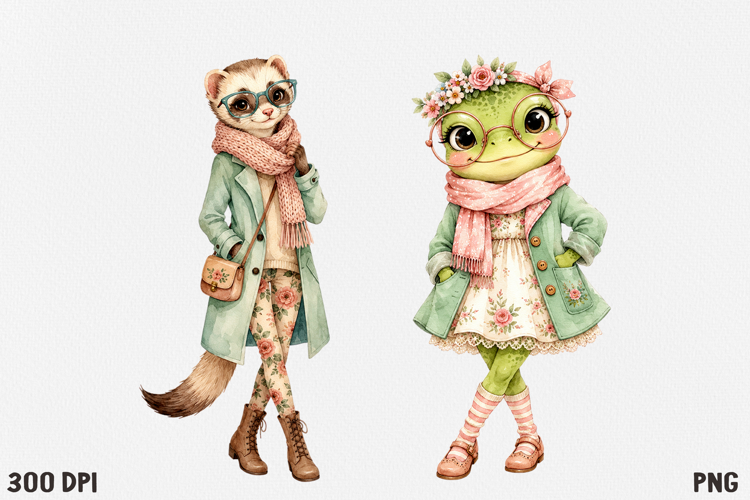 Cute Cottagecore Animal Watercolor Clipart PNG