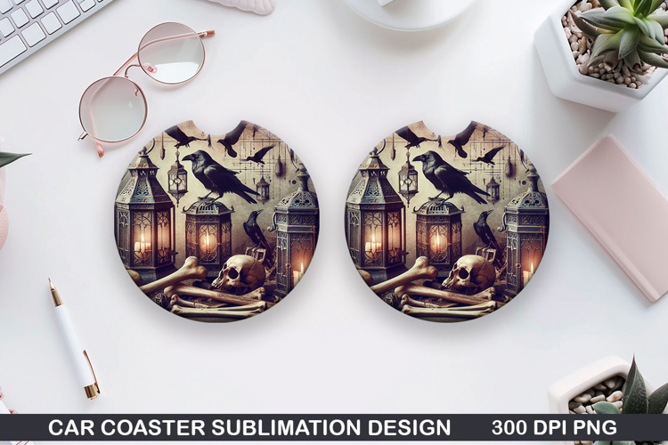 Two black birds Car Coaster Sublimation | Halloween Coaster