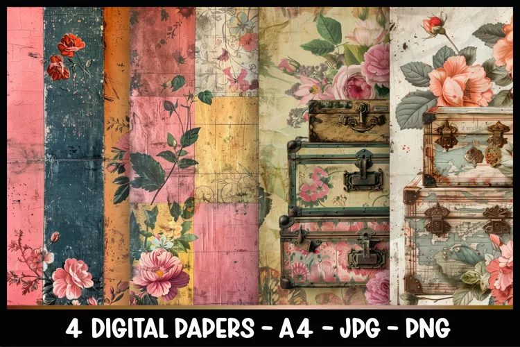 4 Vintage Floral Digital Papers I Junk Journal Page