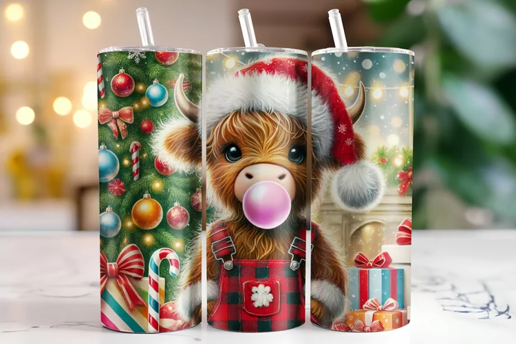 Christmas Highland Cow Tumbler Wrap | Sublimation | Tumblers