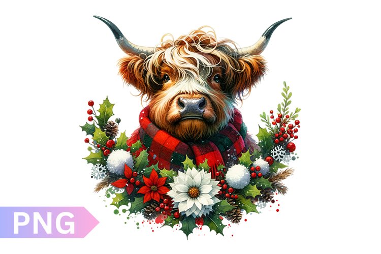 Christmas Floral Cow Sublimation - Clipart PNG Design