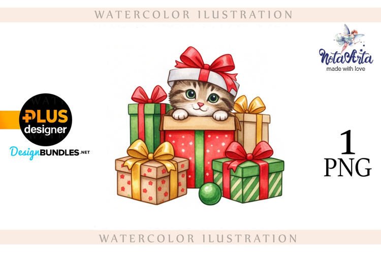 Christmas Kitten in Watercolor Style