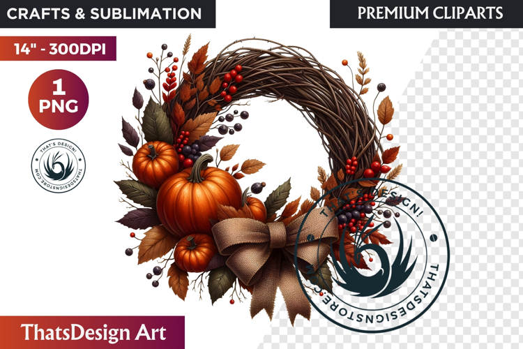 Autumn Harvest Wreath Clipart - Rustic Fall & Thanksgiving