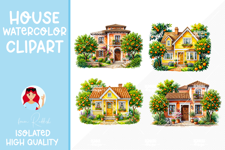 4 Cozy Watercolor House Clipart