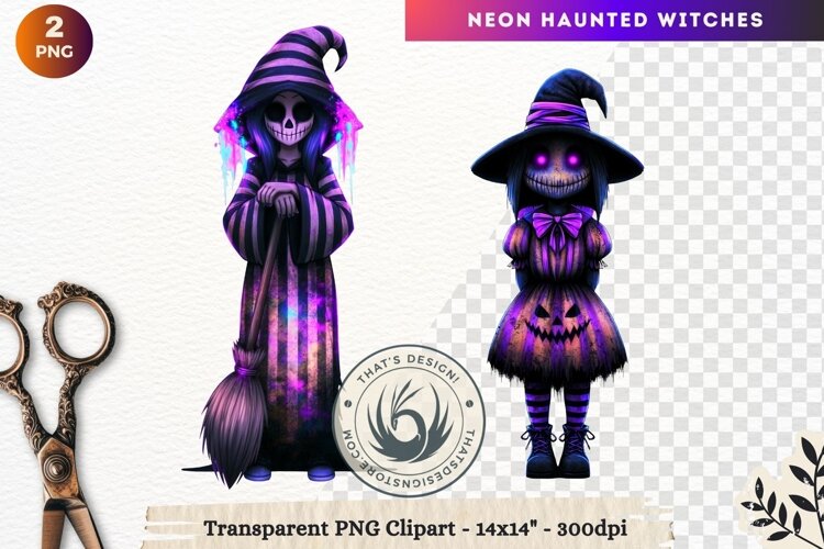 Neon Haunted Witches Clipart, Spooky Kawaii Halloween PNG example image 1