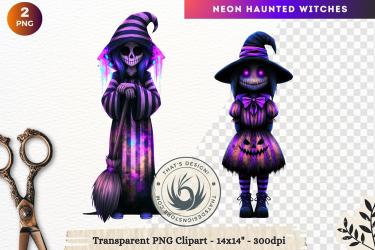 Neon Haunted Witches Clipart, Spooky Kawaii Halloween PNG