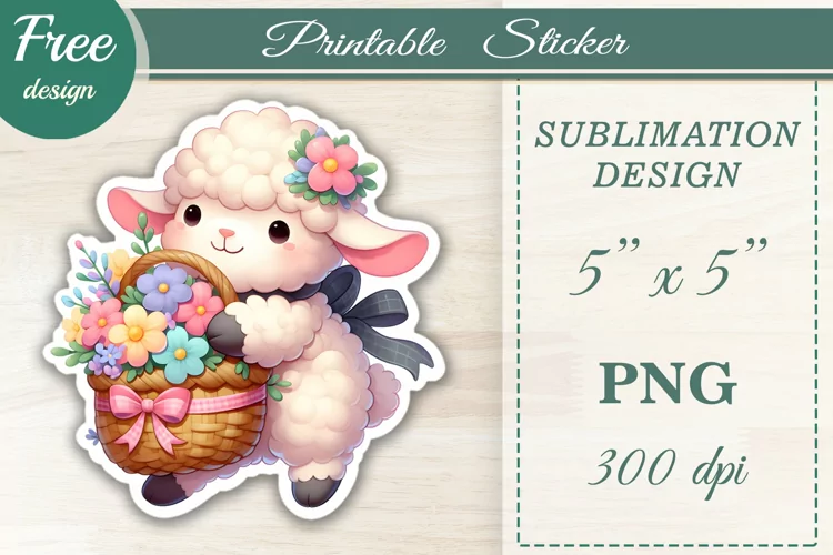 Cute Lamb with Easter Basket, Printable Sticker, Sublimation