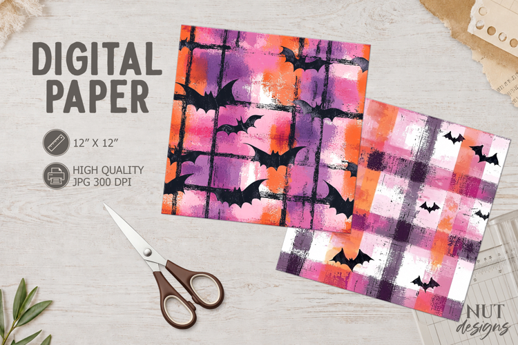 Plaid Halloween Bat Digital Paper spooky bat vibrant pink