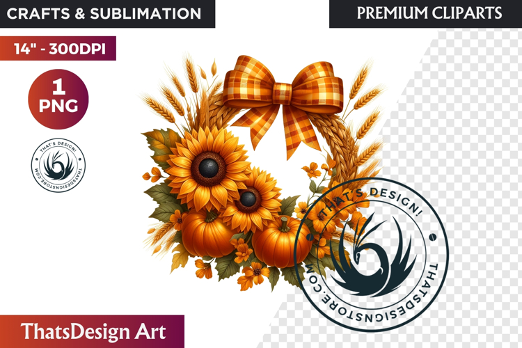 Sunflower Autumn Wreath - Rustic Farmhouse Harvest PNG