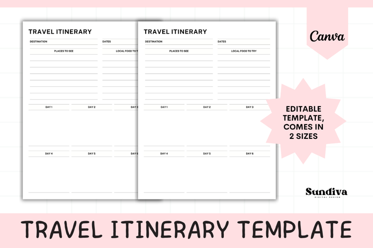 Travel Itinerary Editable Template 3 | Travel Planner
