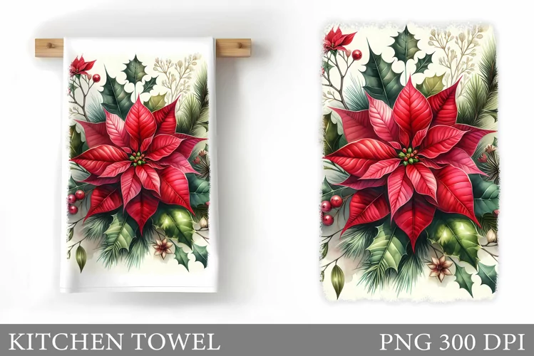 Poinsettia Kitchen Towel. Christmas Kitchen Towel Design