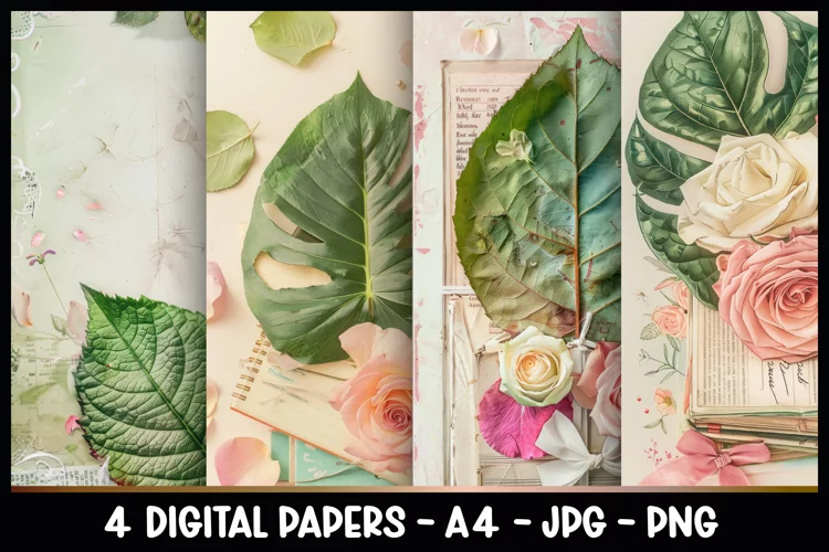 4 Vintage Tropical Leave Digital Papers I Junk Journal Pages
