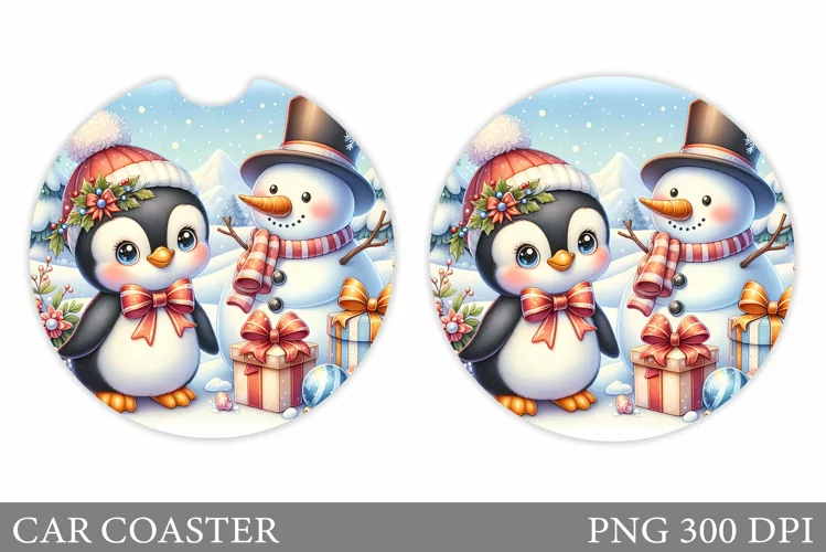 Cute Penguin Car Coaster. Christmas Car Coaster Design
