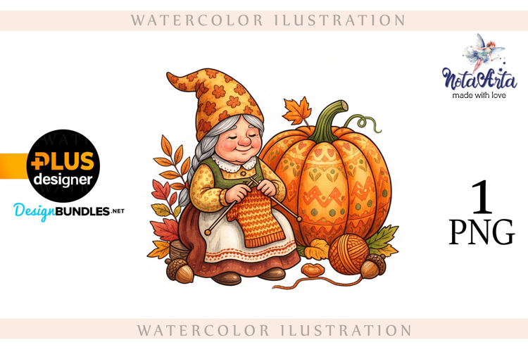 Gnomes with Pumpkin Harvest in Watercolor Style