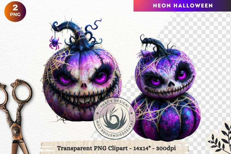 Neon Halloween Character Clipart Spooky Kawaii pumpkin PNG