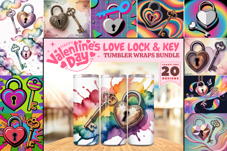 Valentine’s Day Love Lock & Key Tumbler Wrap PNG Big Bundle