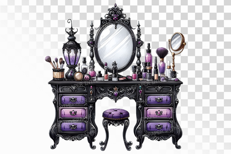 Gothic Vanity Table Mirror Skulls Halloween PNG