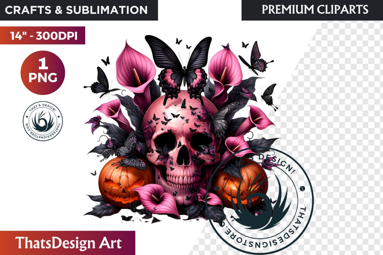 Pink and Black Gothic Halloween Skulls Clipart, pastel goth
