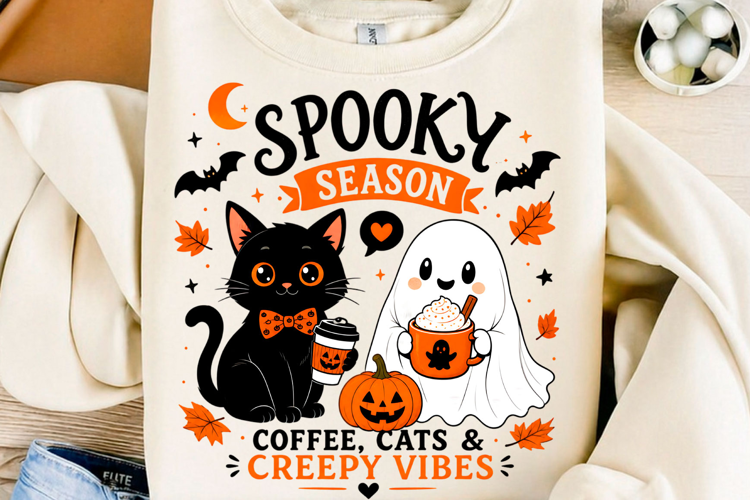 Spooky Season Coffee Cats & Creepy Vibes Halloween PNG