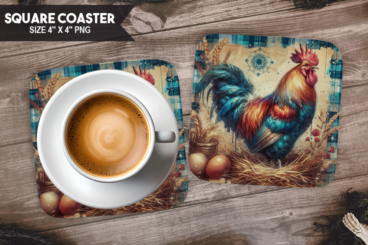 Chicken, Farm Animals, Buffalo Plaid Square Coaster PNG example image 1